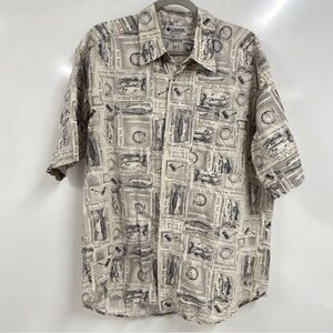 0307 Men's Columbia Tan Bass Fish Print Short Sleeve Shirt Fishing Size Large